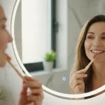 Immagine di persona che si guarda i denti allo specchio che rappresenta la cura dei denti e l'odontoiatria