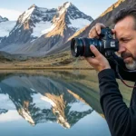Fotografo che scatta foto di montagne riflesse in un lago