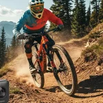 Ciclista di mountain bike ripreso da tre videocamere a 360° con audio spaziale