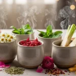 Immagine rilassante di diverse tisane in tazze e infusi con erbe, fiori e frutti freschi intorno