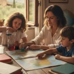 Mamma insegna geografia a casa a due bambini con l'homeschooling