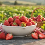 Cestino di fragole con una campo da raccolta sullo sfondo