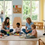 Scena classica di asili nido con bambini, educatrici, nonni e genitori sulla porta
