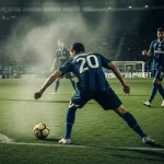 Uno stadio di sera con calciatori che giocano