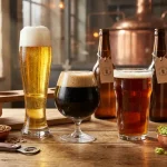Selezione di boccali di birra nei loro bicchieri specifici su un tavolo di legno rustico, con un piccolo menu che elenca gli stili.