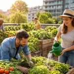 Orti urbani con persone che lavorano la terra e sullo sfondo palazzi di una città