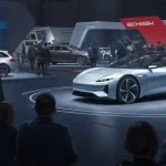 Scena tipica dei saloni auto internazionali in una grande fiera moderna
