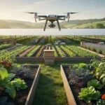 Un campo coltivato con i metodi dell'agricoltura biologica con drone e celle fotovoltaiche