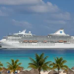 Grande nave che effettua crociere nel mondo con palme e mare caraibico