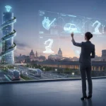 Fotomontaggio fotografico futuristico, scattato al tramonto, che fonde la tecnologia della rete 5G con la vita urbana quotidiana e i servizi essenziali.