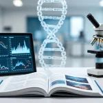 Laboratorio con tablet o un laptop che visualizza grafici scientifici complessi, affiancato da riviste scientifiche cartacee e un microscopio