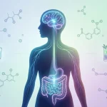 Illustrazione medica dell'asse intestino-cervello e dei danni dell'alcol sul microbiota.