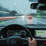 Concetto di guida sicura sotto la pioggia con automobilista nell'abitacolo mentre viaggi in autostrada