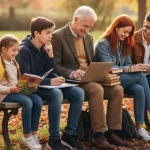 Immagine che rappresenta il sistema scolastico italiano con studenti di varie età seduti su una panchina