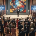 Immagine sulle case d'asta con un battitore e il pubblico di compratori di un quadro