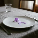 Un piatto vuoto con posate e un fiocchetto lilla centrale, simbolo internazionale della lotta contro i disturbi alimentari, appoggiato su una tovaglia grigia.