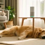 Un cane e un gatto che ascoltano musica per cani e gatti da altoparlante in un interno casa