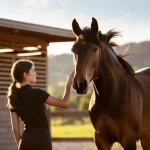Giovane accarezza muso di cavallo baio durante una sessione di ippica in una scuderia moderna circondata da colline verdi.