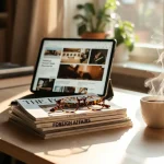 Pila di riviste di attualita cartacee e in versione digitale con tablet su un tavolo con tazza di caffè