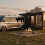 Un camper moderno in paesaggio naturale con casa in legno
