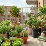 Orto sul balcone con piantine di verdura e frutta piantate in vasi