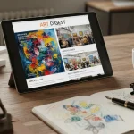 Riviste d'arte online e cartacee su un tavolo