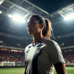 Una giocatrice di calcio femminile in un grande stadio in una partita in notturna