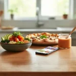 Piatti di cibo a domicilio con smartphone con app di food delivery sul tavolo
