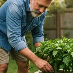 Persona che si dedica al giardinaggio curando una pianta