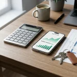 Scrivania moderna con calcolatrice, smartphone che mostra grafico sull'andamento del mercato immobiliare, e planimetrie architettoniche sfocate