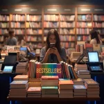Immagine sul mercato del libro con una persona in una libreria che guarda lo smartphone tra libri cartacei e schermi digitali
