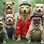 Cani animali umanizzati con occhiali e cappottino