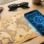 Mappe antiche e digitali su smartphone su un tavolo con bussola e occhiali