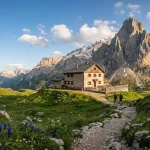 Escursionisti sul sentiero che porta a uno dei rifugi alpini più suggestivi.