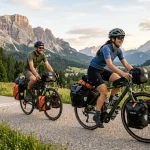 Una coppia sorridente pratica cicloturismo su una pista ciclabile panoramica nelle Dolomiti al tramonto, pedalando su biciclette gravel attrezzate.