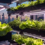 Piante coltivate in idroponica in ambiente controllato di vertical farming