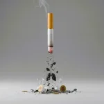 Immagine concettuale dei danni del fumo con una sigaretta da cui scende cenere di organi umani