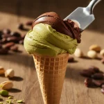 Un cono di gelato artigianale pistacchio e cioccolato con gli ingredienti sullo sfondo