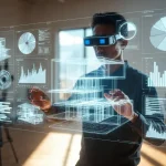 Una persona che si muove nel Metaverso interagenndo con icone virtuali sospese nell'aria