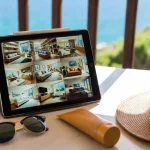 Tablet mostra una galleria di foto di belle case vacanza moderne vista mare, accanto un paio di occhiali da sole, una crema solare e un cappello di paglia.
