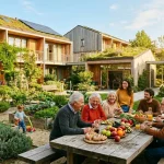 Esempio di cohousing: persone di diverse età pranzano insieme nel giardino comune di un edificio ecosostenibile
