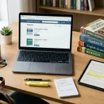 Scrivania con computer portatile e libri scolastici cartacei, tablet e taccuino