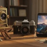 Tre modelli di macchine che rappresentano l'evoluzione della storia della fotografia