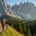 Escursionisti che fanno trekking in montagna in vista di un rifugio