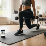 Persona impegnata in un allenamento a casa con tappetino fitness, manubri