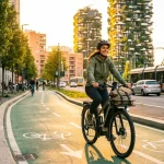 Donna sorridente pedala su una bicicletta lungo una pista ciclabile urbana.