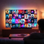 Una persona seduta sul divano guarda un grande e moderno tv streaming con tutti i canali da selezionare.