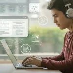 Ragazzo al laptop, circondato da icone di portali di studenti online