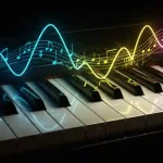 Tastiera di pianoforte con note colorate e onde sonore delle tonlità musicali