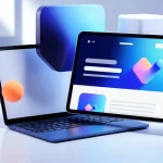 Immagine rappresentativa del mondo del web design: un workspace moderno con laptop e tablet che mostrano interfacce UI/UX curate.